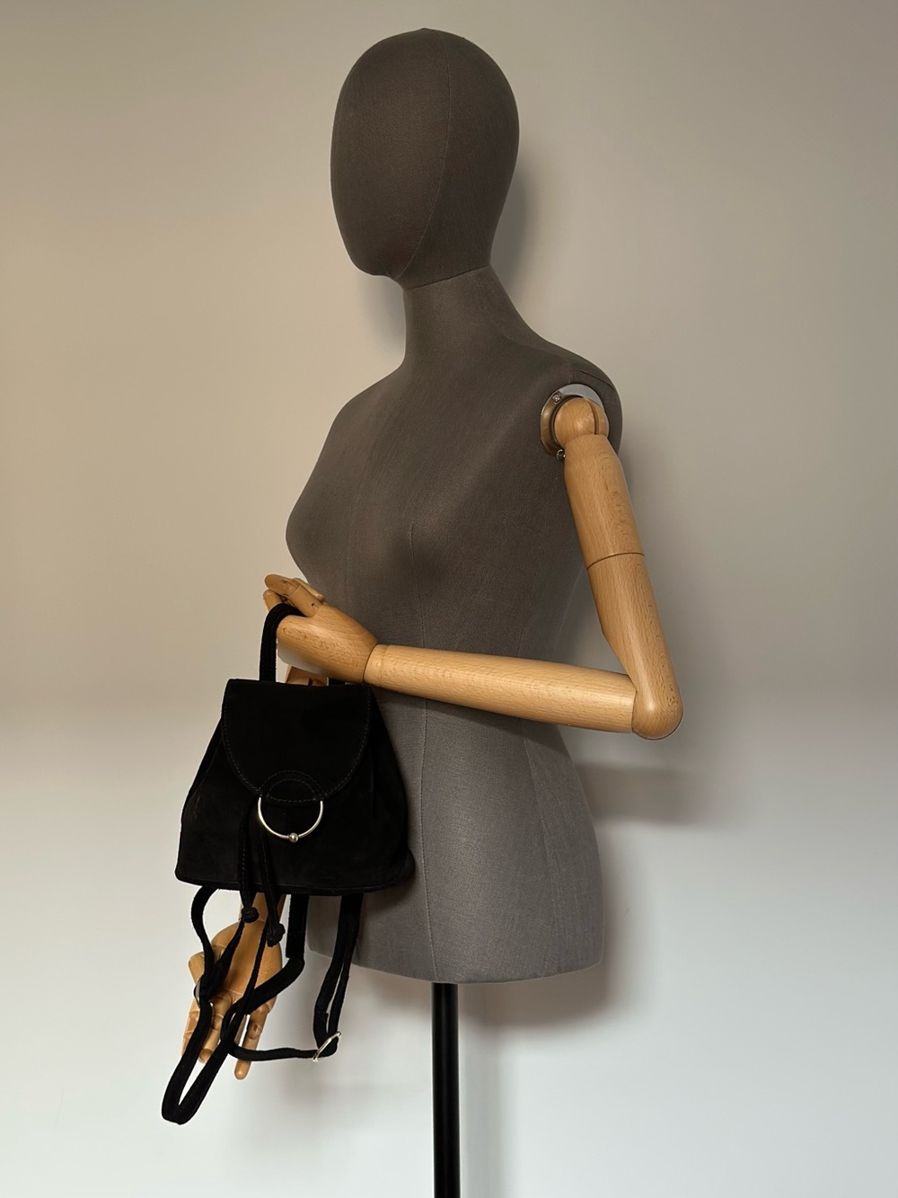 Black Suede Mini Backpack Drawstring Leather Bag Silver Hardware - Picture 7 of 17
